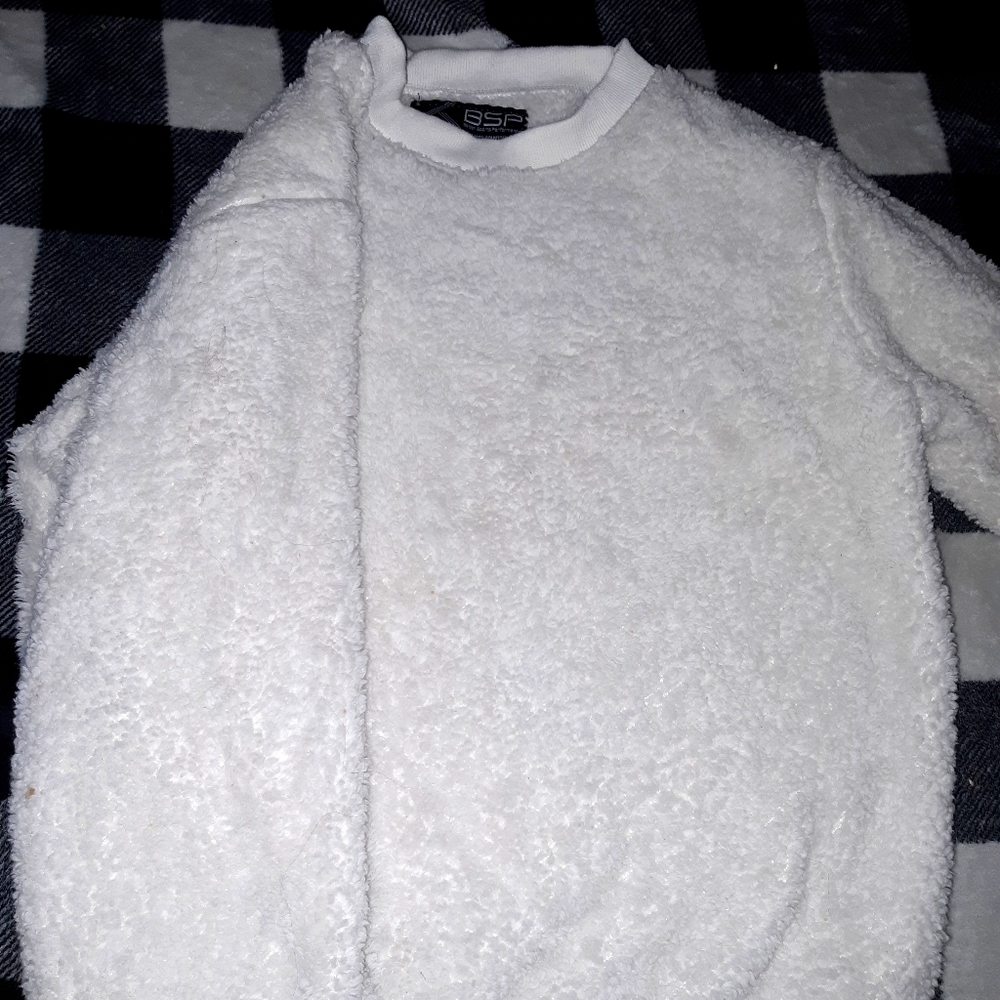 All white cuffed fuzzy sweater